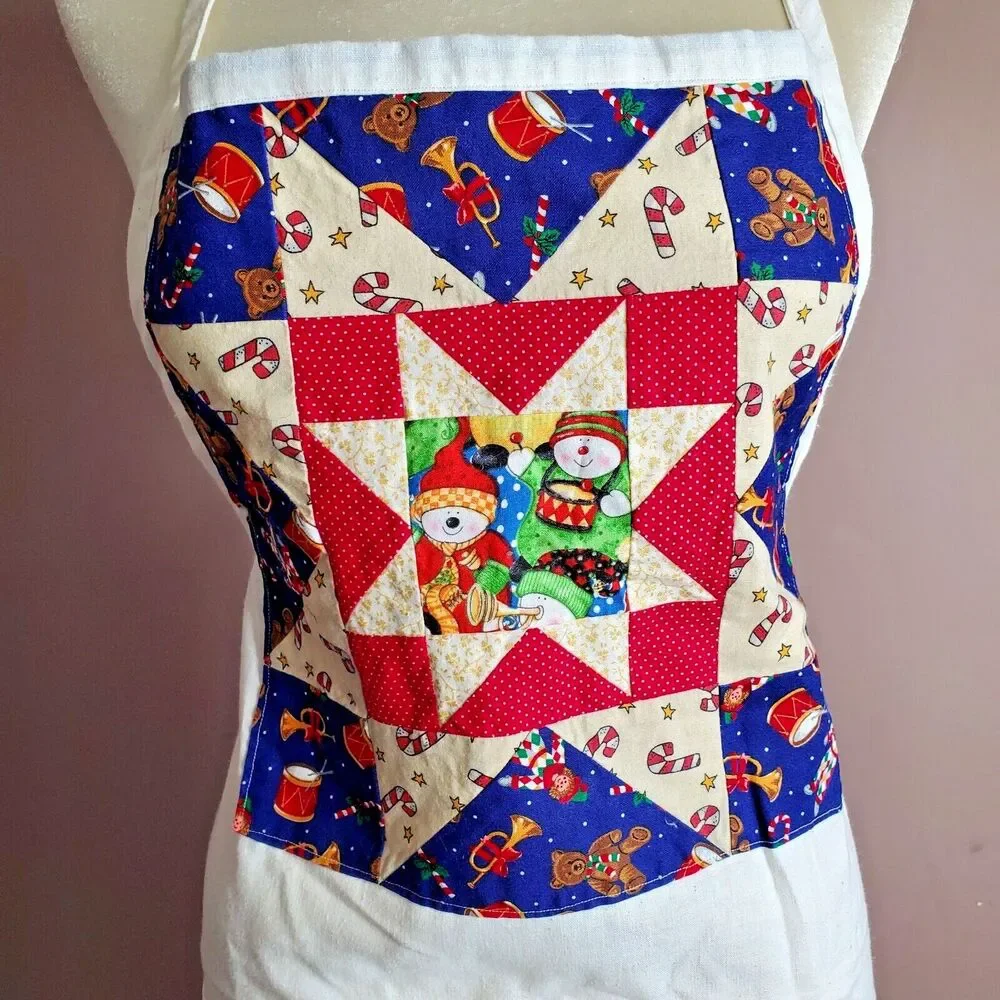 Bib Apron Quilted Pieced Christmas Snowman Pocket Blue Red Cream Muslin 29x 21.5